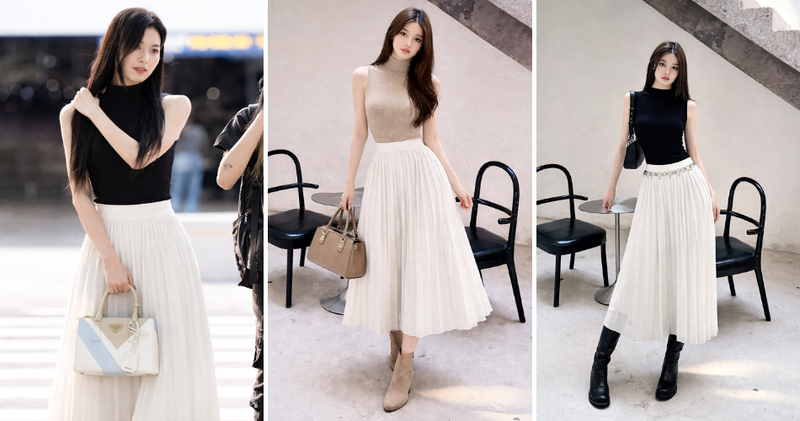 Chọn áo cổ lọ gile phối cùng chân váy trắng xếp ly thanh lịch nhẹ nhàng.
