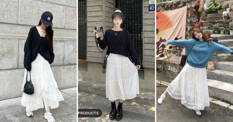 Chọn áo len dệt kim mềm dáng croptop phối cùng chân váy trắng xếp ly có độ xòe để vừa giữ ấm vừa phong cách.