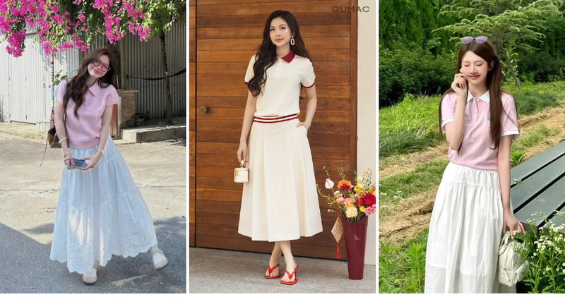 Chọn áo thun polo form đứng phối cùng chân váy trắng giúp tổng thể gọn gàng, phù hợp với môi trường công sở trẻ trung.