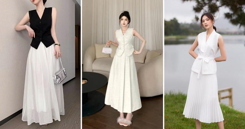Chọn blazer gile phối cùng chân váy trắng dài tổng thể mềm mại hơn nhưng vẫn giữ sự chỉn chu.