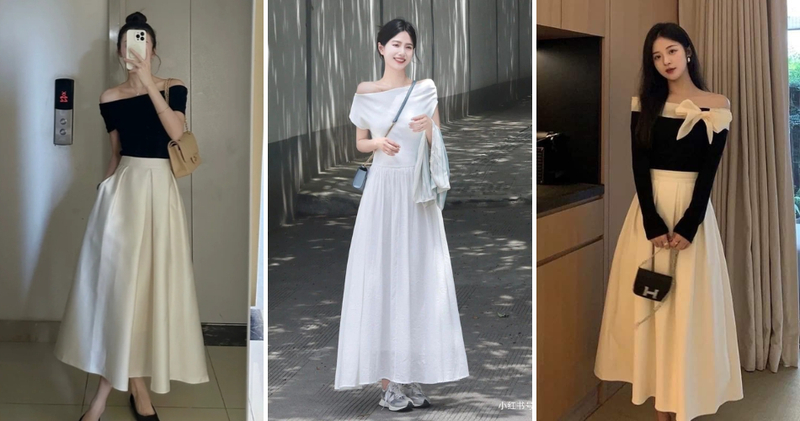 Chọn chân váy trắng dài dáng xòe hoặc xếp ly nhẹ phối cùng áo trễ vai màu trung tính hoặc pastel.