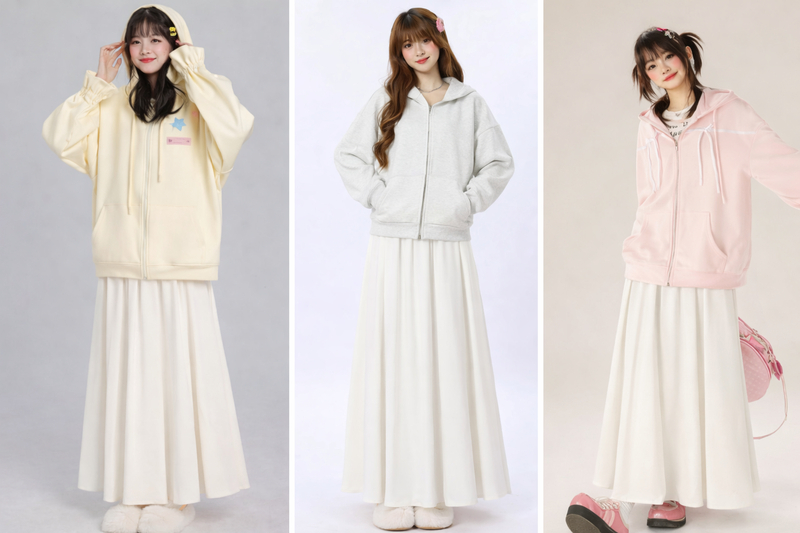 Chọn hoodie màu pastel hoặc trung tính phối cùng chân váy trắng xếp ly trẻ trung hiện đại.