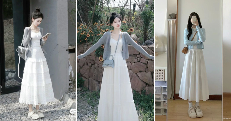 Khoác cardigan dáng suông bên ngoài phối cùng chân váy trắng dài xòe tầng hoặc xếp ly và áo trong cùng tone màu.