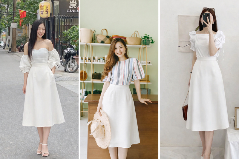 Phối chân váy trắng dài với áo kiểu tay bồng màu pastel hoặc trắng ngà dịu dàng thanh lịch.