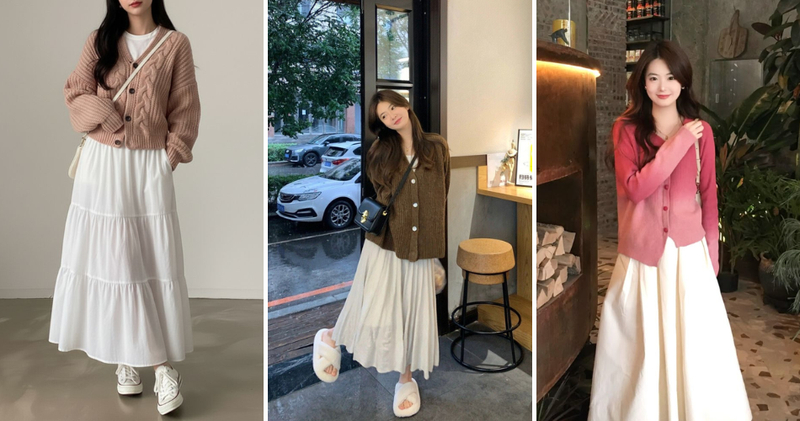 Phối chân váy trắng dài với cardigan, mặc bên trong áo thun hoặc áo hai dây đơn giản.