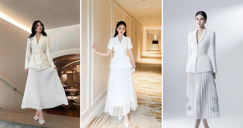 Phối chân váy trắng dài xếp ly nhỏ hoặc vải voan phồng xòe với blazer giúp tổng thể gọn gàng, chuyên nghiệp.