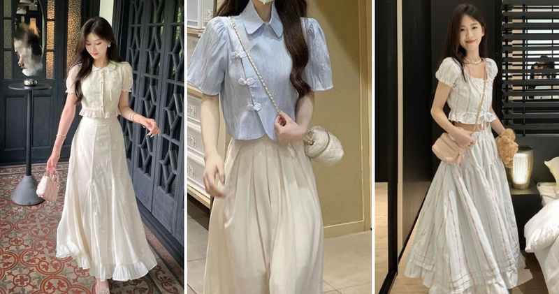 Phối croptop tay lỡ hoặc tay bồng nhẹ cùng chân váy trắng dài xếp ly nữ tính, điệu đà.