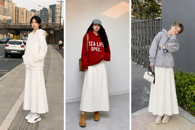 Phối hoodie form vừa với chân váy trắng dài dáng suông tạo tổng thể linh hoạt.