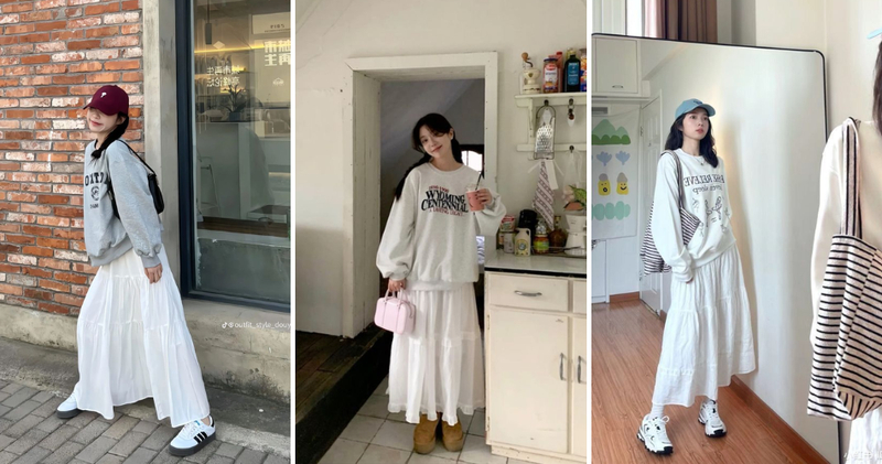 Phối sweater form rộng với chân váy trắng dài dáng suông thoải mái diện ngày thường.