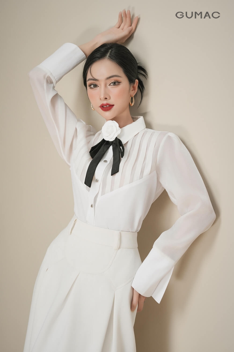 Sơ mi xếp ly đô trước phối nơ