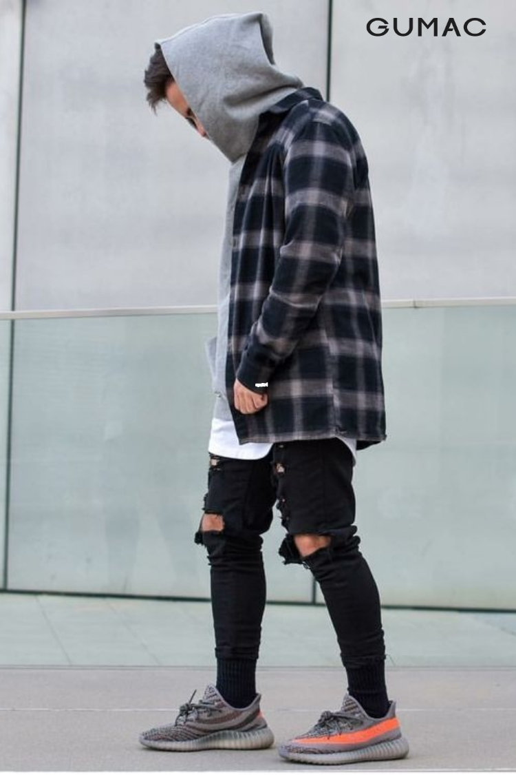 Giày Yeezy 350 V2 quần jean rách áo sơ mi kẻ caro