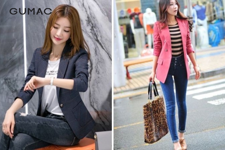 Áo khoác vest phối quần jean nữ ôm