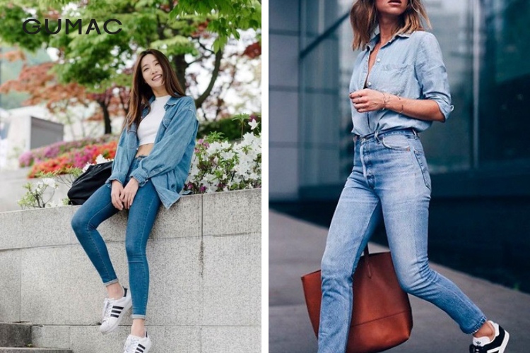 Áo sơ mi Denim mix quần jean ôm nữ