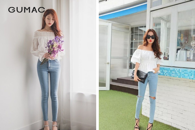 Áo trễ vai kết hợp cùng quần jean ôm