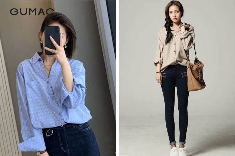 Kết hợp áo sơ mi rộng với quần jean ôm