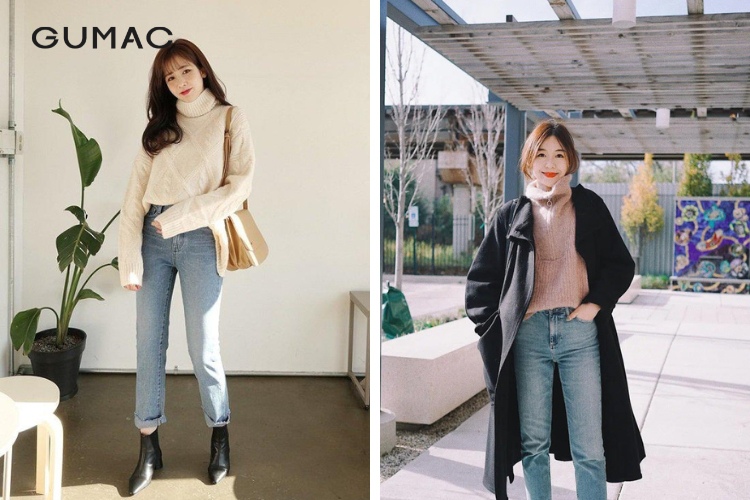 Phối đồ với quần jean ôm mùa đông với áo len