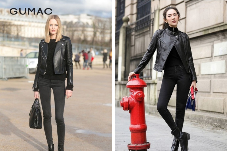 Phối quần jean ôm với áo khoác da
