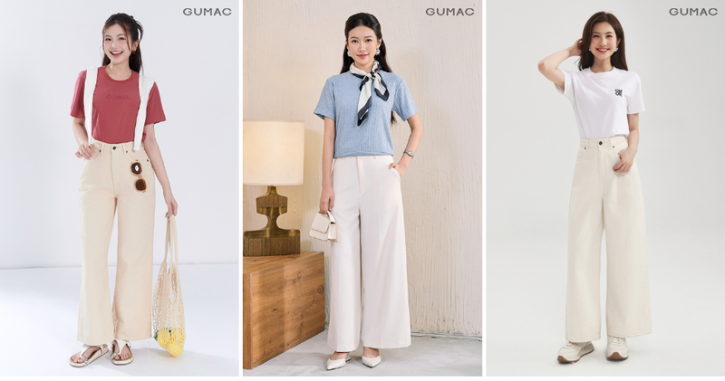 Quần jean trắng nữ phối áo thun cơ bản năng động, trẻ trung.
