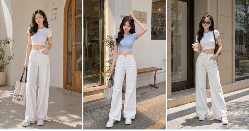 Quần jean trắng nữ phối áo croptop năng động