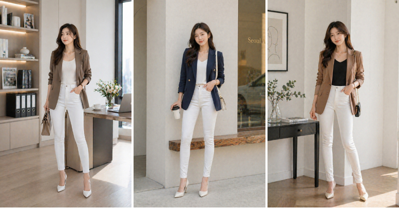 Quần jean trắng nữ phối áo blazer sang trọng