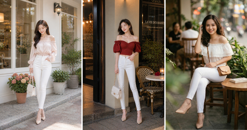 Quần jean trắng nữ phối áo trễ vai điệu đà
