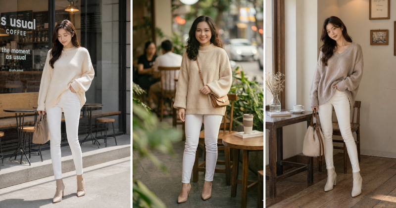 Quần jean trắng nữ phối áo len dáng rộng