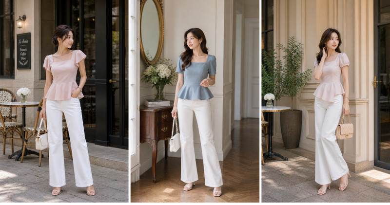 Quần jean trắng nữ phối áo peplum tôn dáng
