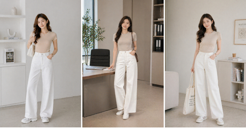 Sự kết hợp giữa quần jean trắng ống rộng và áo thun ôm trơn màu là công thức đơn giản nhưng chưa bao giờ lỗi mốt.
