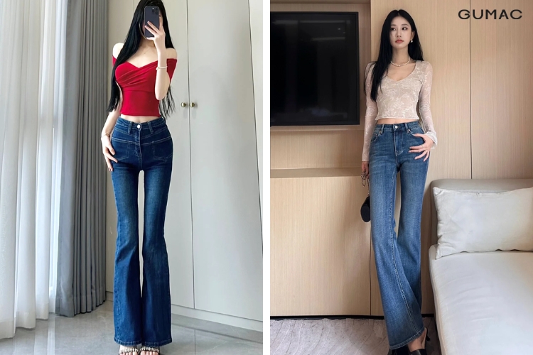 Quần ống loe phối với áo croptop và giày trắng