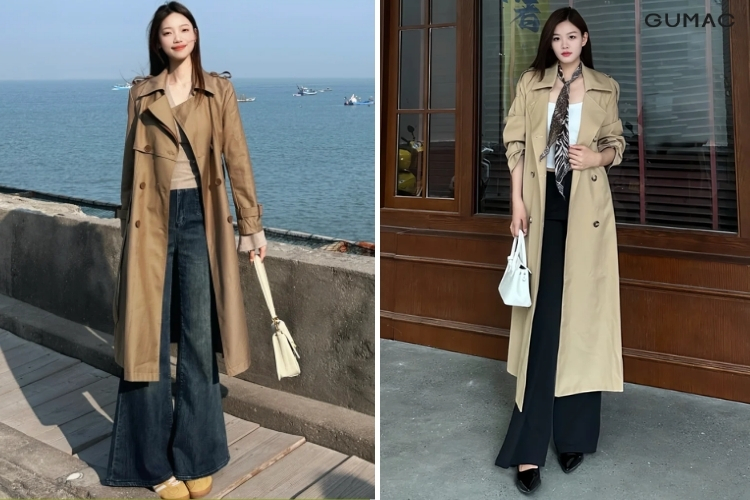 Quần ống loe phối với áo măng tô