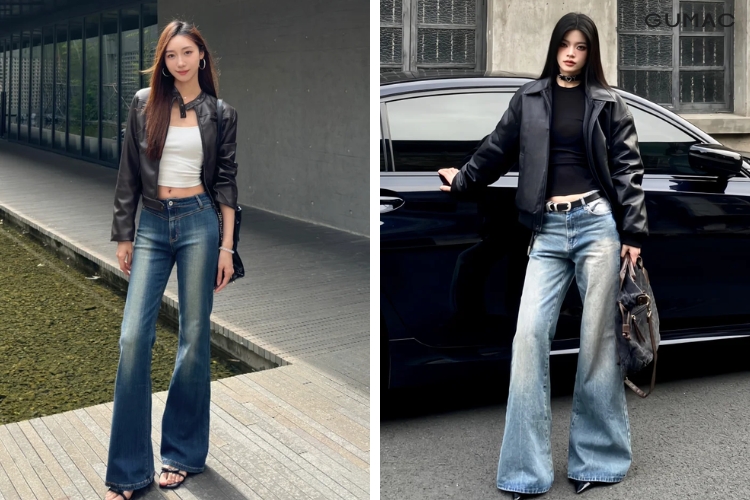 Quần ống loe phối với áo khoác da