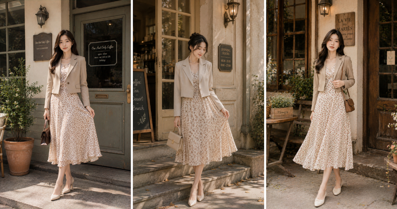 Áo blazer dáng ôm vừa vặn kết hợp cùng váy hoa nhí, mang đến một vẻ ngoài thanh lịch, chỉn chu nhưng vẫn đầy tính thời trang.