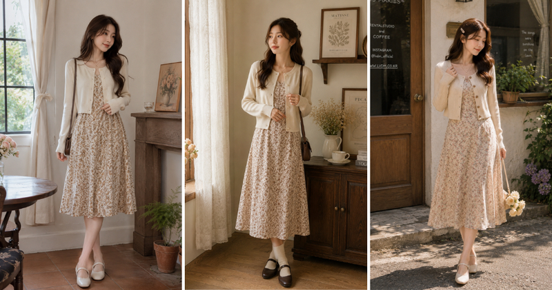 Sự kết hợp giữa váy hoa nhí và áo cardigan dáng ngắn là 