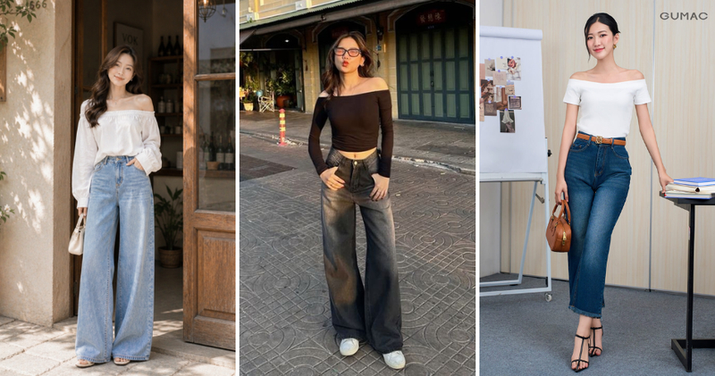 Nếu bạn theo đuổi phong cách nữ tính, ngọt ngào, hãy thử phối quần jeans với áo trễ vai.