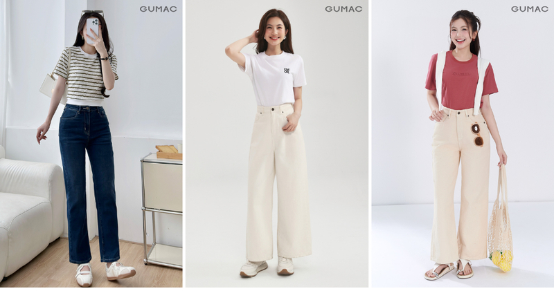 Quần jeans phối cùng áo thun trẻ trung, năng động.