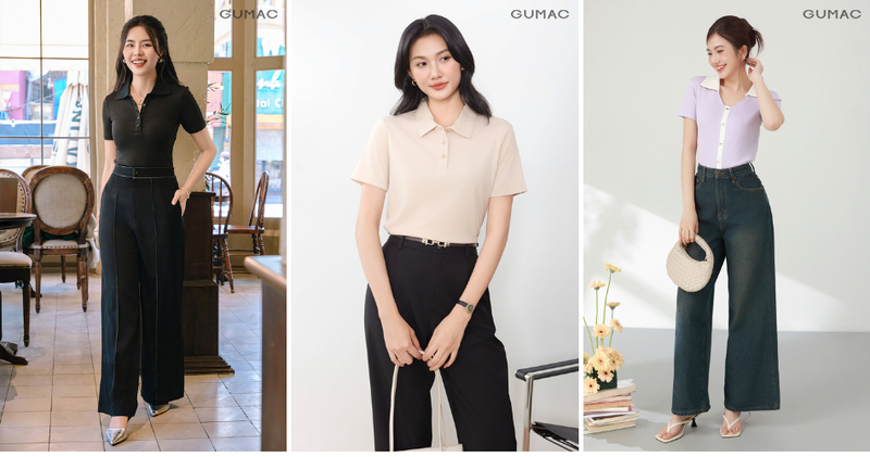 Quần jeans phối cùng áo polo gọn gàng, lịch sự.