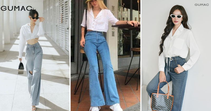 Quần jeans phối cùng áo sơ mi kiểu để thêm phần điệu đà.