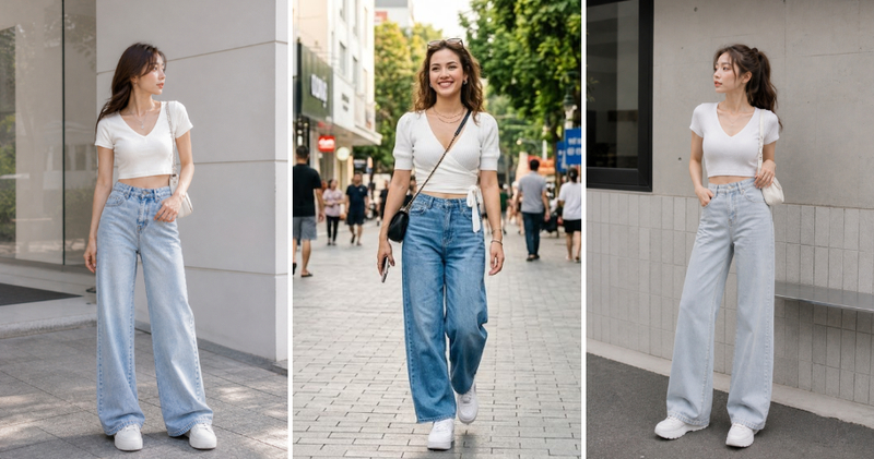 Quần jeans phối cùng áo croptop cá tính, gợi cảm.