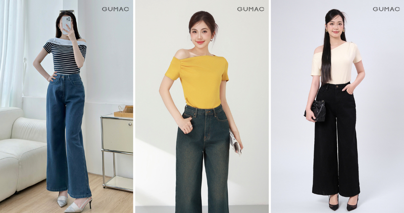 Quần jeans phối cùng áo trễ vai ngọt ngào, điệu đà.