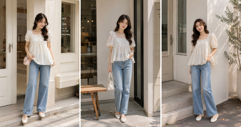 Quần jeans phối cùng áo babydoll dịu dàng, đáng yêu.
