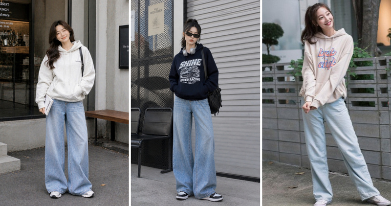 Quần jeans phối cùng áo hoodie năng động, khỏe khoắn.