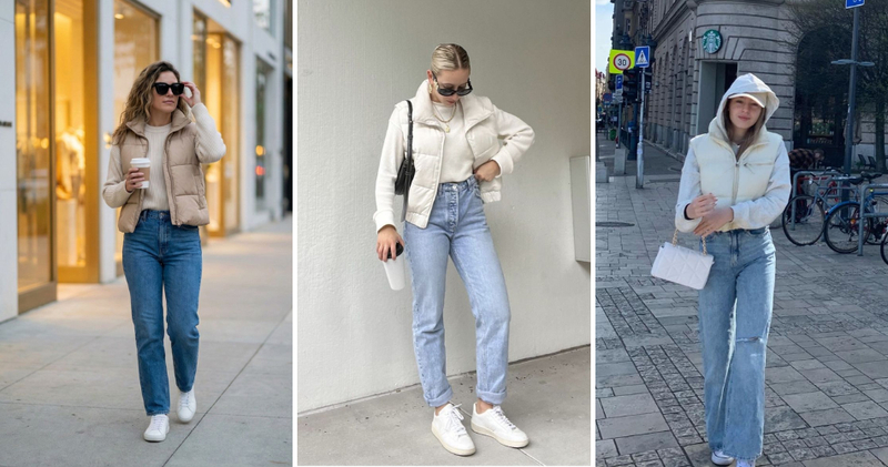 Quần jeans phối cùng áo gile phao trẻ trung, tiện lợi.