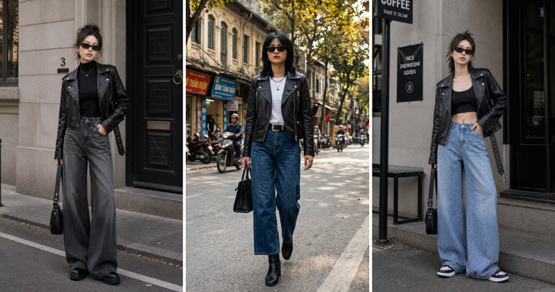 Quần jeans phối cùng áo khoác da sành điệu, mạnh mẽ.