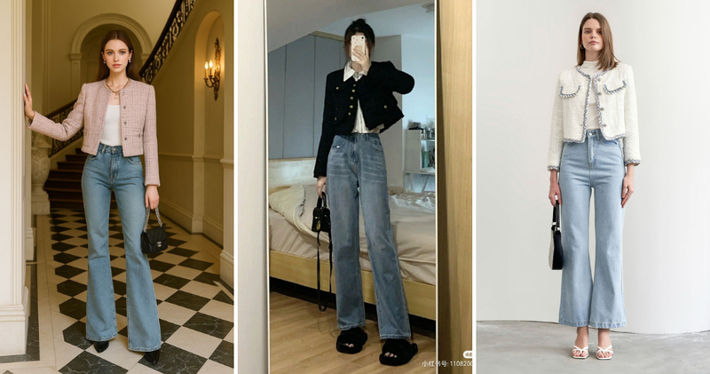 Quần jeans phối cùng áo khoác dạ tweed sang trọng, thời thượng.