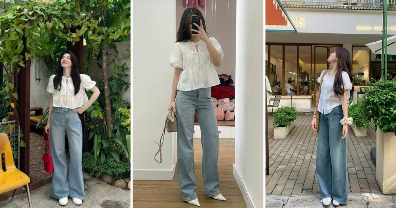 Set quần jeans mix babydoll phù hợp với những cô nàng có phong cách "bánh bèo", giúp che giấu khuyết điểm vòng 2 hiệu quả.