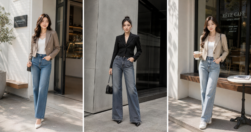 sự kết hợp giữa quần jeans cùng chiếc blazer hoặc vest mang đến vẻ ngoài chuyên nghiệp, quyền lực.