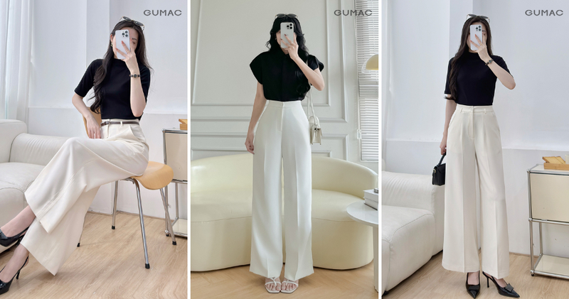 Quần trắng phối áo màu đen tương phản, thanh lịch.