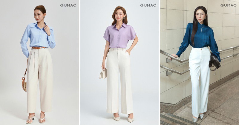 Quần trắng phối áo sơ mi.