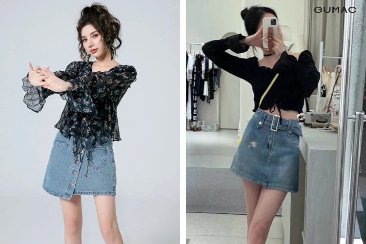Quần váy jean phối áo thun tay dài Quần váy jean phối áo thun tay dài