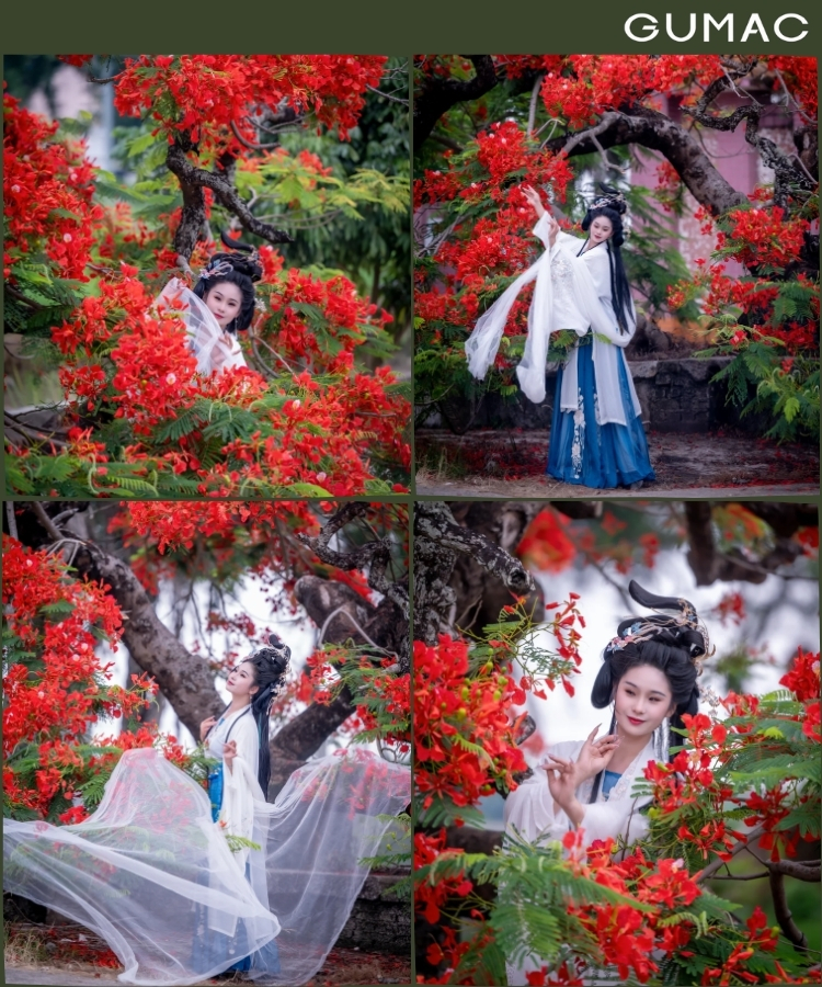 chup anh voi trang phuc co trang va hoa phuong